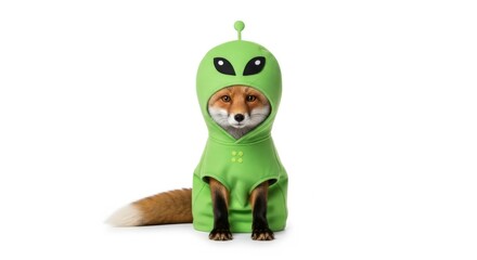 Fototapeta premium fox dressed in a green alien costume, Funny Martian Halloween costume, white background