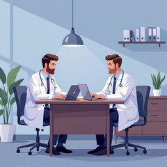 Two doctors sitting at a table in the office. Healthcare concept. Cartoon style illustration.