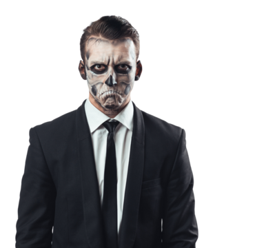 Man with Skull Face Paint in Suit on Transparent Background