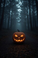 Obraz premium Horror background with glowing carved pumpkin in forest mist.