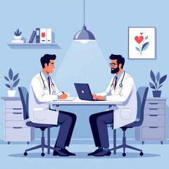 Two doctors sitting at a table in the office. Healthcare concept. Cartoon style illustration.