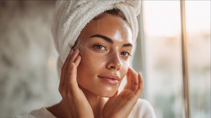 Pamper yourself with radiant skin in a serene bathroom setting. This woman applies a revitalizing skincare treatment, showcasing natural beauty and self-care rituals for a glowing complexion. 