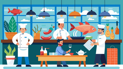 A group of chefs are working in a restaurant kitchen, preparing food for customers. The atmosphere is lively and bustling, with the chefs working together to create delicious dishes