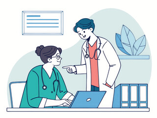 Two doctors sitting at a table in the office. Healthcare concept. Cartoon style illustration.