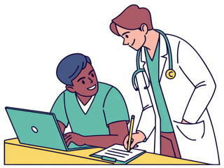 Two doctors sitting at a table in the office. Healthcare concept. Cartoon style illustration.