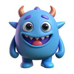 Fototapeta premium Cheerful blue cartoon monster with horns big eyes and a wide open smiling mouth on black background