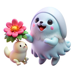 Fototapeta premium Cute blue ghost character with pink cheeks holding flower with small bird illustration on black