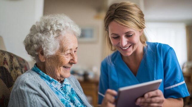 Caring healthcare professional engages with an elderly woman, sharing a joyful moment while using a tablet in a cozy home setting, showcasing the warmth of human connection.