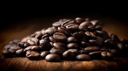 Roasted coffee beans pile closeup