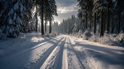 Serene Winter Path Through Snowy Forest with Soft Sunlight and Frosty Landscape in Crisp Morning Air