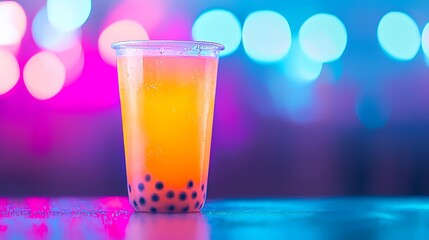 Vibrant bubble tea drink with bokeh lights background