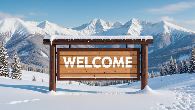 A wooden welcome sign stands in a snow-covered landscape with mountains and trees. A perfect mockup for winter resort advertising, ski lodge greetings, or a seasonal welcome message.