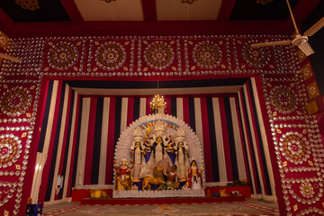 Subho mahalaya, An handmade idol of Goddess Durga decorated in colorful Pandal. Durga Puja is biggest religious festival of Hinduism and for bengalis and is now celebrated worldwide.