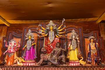 Subho mahalaya, An handmade idol of Goddess Durga decorated in colorful Pandal. Durga Puja is biggest religious festival of Hinduism and for bengalis and is now celebrated worldwide.