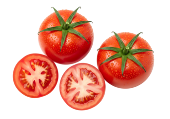 tomato on transparent background. Fresh ripe tomatoes and slices isolated on transparent background.