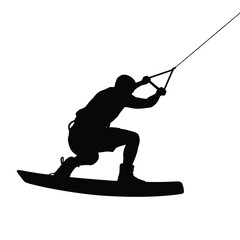 Silhouette of a wakeboarder in action on white background