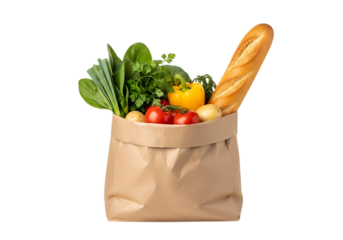 Brown paper grocery bag filled with fresh vegetables and a baguette isolated on transparent background