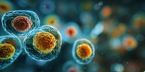 Colorful Microorganisms Under Microscope with Blurred Background Creating a Science Imagery of Cells and Particles