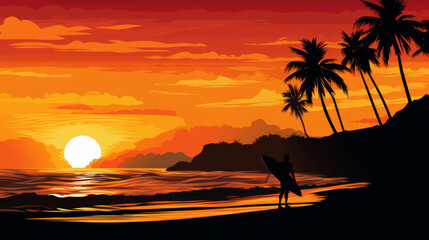 illustration of a tropical beach at sunset, surfer silhouette and palm trees in the background