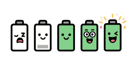 Five cartoon batteries illustrate charging stages, from empty and sad to fully charged and joyful.