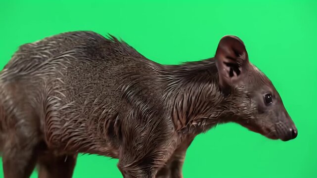 Small Dark-Furred Mammal with Prominent Ears and Snout, Isolated on Green Screen for Easy Compositing