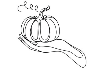 Simple Continuous Line Art of a Hand Holding a Small Pumpkin