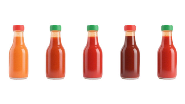 Five small glass bottles of various hot sauces, lined up against a white background.
