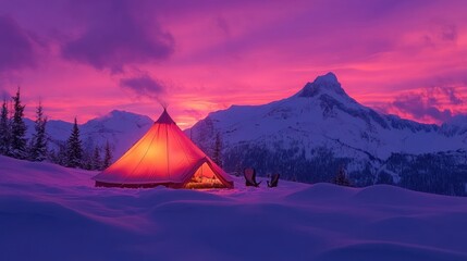 Tranquil winter campsite illuminated by vibrant sunset, nestled amid snow-covered mountain terrain