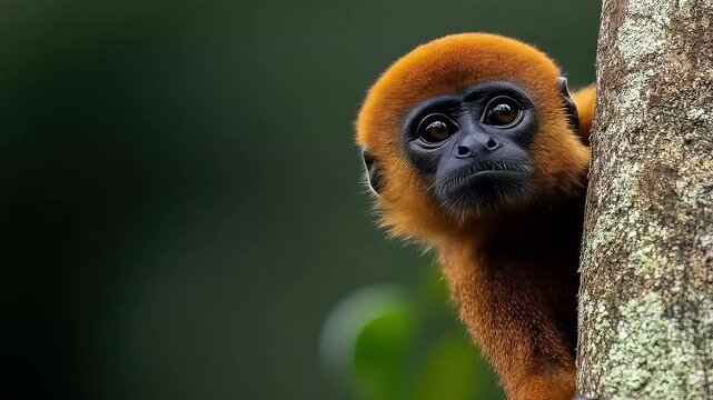 Red monkey on tree, jungle background, wildlife