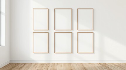 six wooden frame on white wall, frame mockup, 3d render