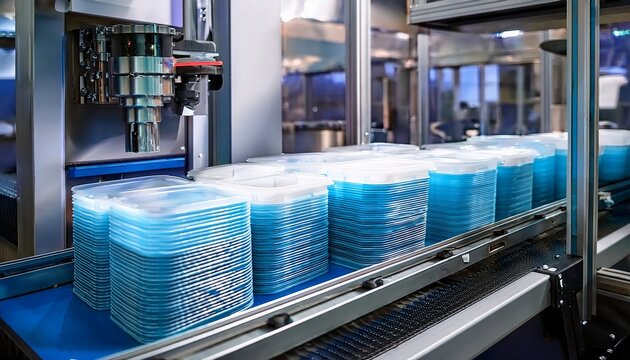 stack of polypropylene food containers on conveyor belt of automatic plastic injection molding machine automated technology concept