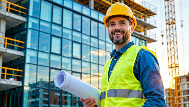 Happy and confident architect holding blueprints at a construction site