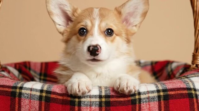 Corgi puppy sits in a red plaid basket paws resting on the edge big eyes looking forward