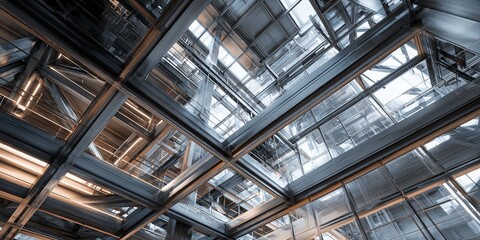 Modern Architectural Framework with Steel Beams, Glass Panels, and Abstract Construction Lines in Urban Environment