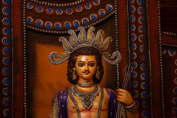 Subho mahalaya, An idol of god karthikey decorated in Pandal. Durga Puja is biggest religious festival of Hinduism and for bengalis and is now celebrated worldwide.