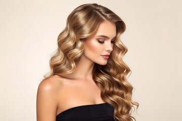 Naklejka premium Long wavy blonde hair with strapless black top – Softness, Beauty, Allure, fashion, hair, portrait, elegance, style