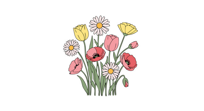 Colorful spring flower bouquet with tulips daisies and greenery, vibrant floral arrangement illustration showcasing natural beauty and botanical