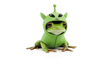 Fototapeta premium frog dressed in a green alien costume, Funny Martian Halloween costume, white background