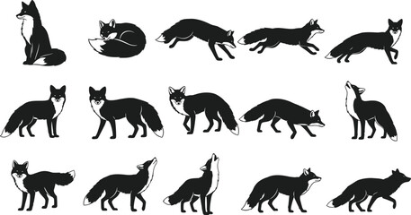 Black and white fox silhouette collection, multiple poses, wildlife animal illustration, nature themed design, vector art, graphic drawing, mammal artwork