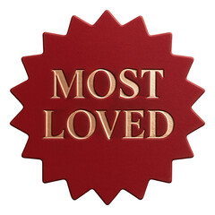 Red starburst sticker with MOST LOVED tag in elegant lettering, attractive retail promotion offer on transparent background.