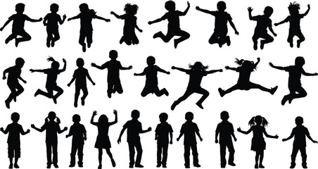 Children jumping silhouettes, playful kids vector art, standing child poses, leaping youth graphics, active lifestyle icons, black human shape illustrations