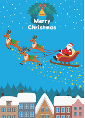 クリスマス素材　雪景色の街中を行くトナカイとサンタクロース　キラキラ