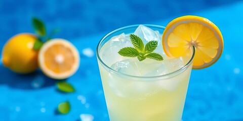 Icy lemon cocktail garnished with mint, summer blue background,   background,  summer