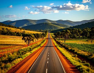 Picturesque countryside road leading into the distance with rolling hills