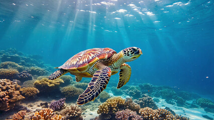 Obraz premium Serene Hawksbill Sea Turtle Swimming in Vibrant Coral Reef