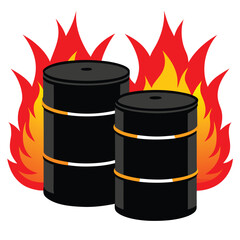 Two black metal oil barrels ablaze with bright orange and yellow flames vector illustration scalable eps white background