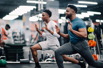 Two black men performing lunges during functional training in gym