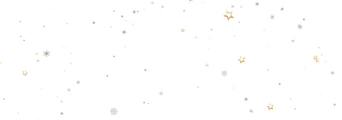 Festive background with gold and silver stars and snowflakes on a white background. Perfect for holidays.