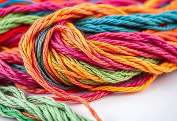 Skeins of vibrant colored threads tightly wound, ready for sewing projects,  textile art,  rainbow threads