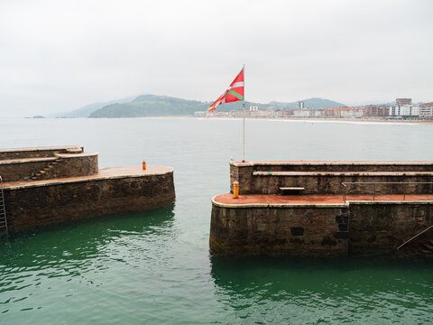 Basque flag on the coast of zarautz in basque country
